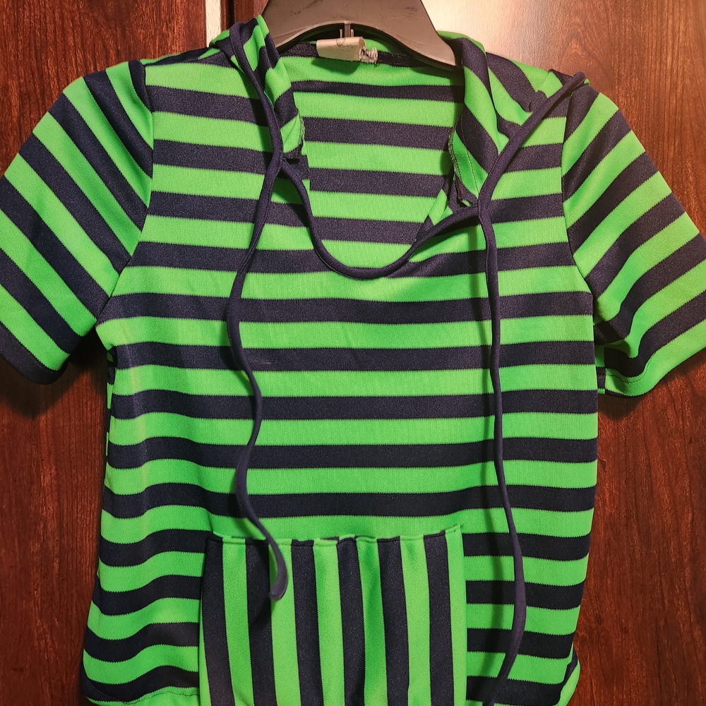 Vintage Green and Navy Striped Short Sleeve Hoodie